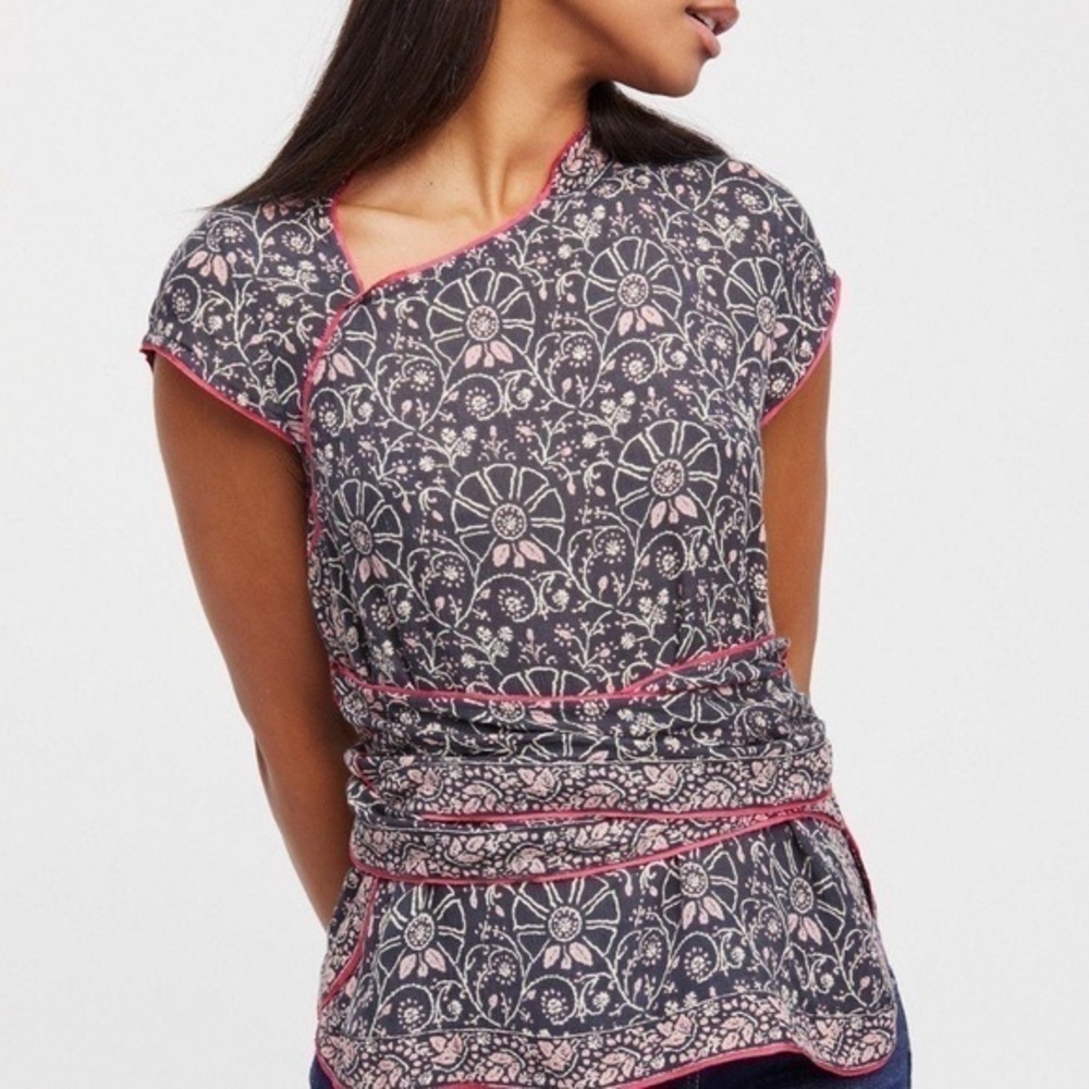 Free People Floral Print Apron Wrap Top Black and Pink Women’s XS